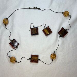 Elegant Amber Art Glass and Beaded Necklace/ Earring  Set